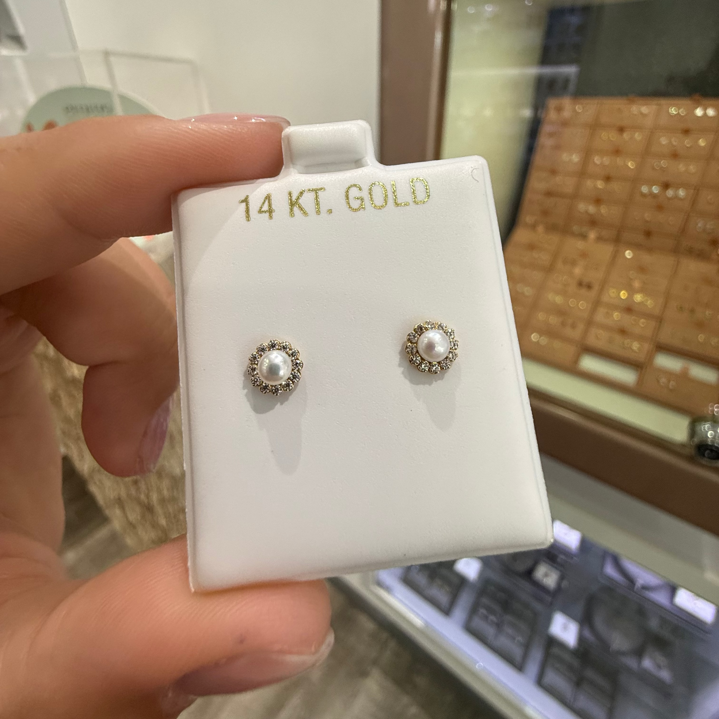 GOLD! EARRING STUD PEARL & CZ 14K