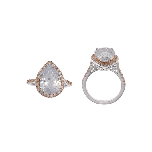 SILVER RING WHITE CZ PEAR CUT WITH ROSEGOLD BEZEL