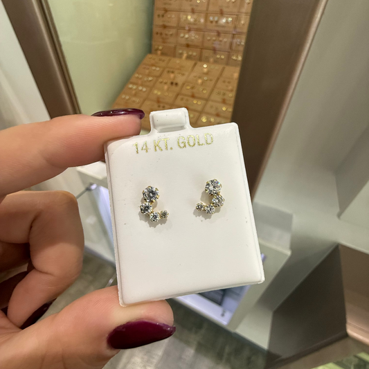 GOLD! EARRING STUD 3 CZ CURVE 14K