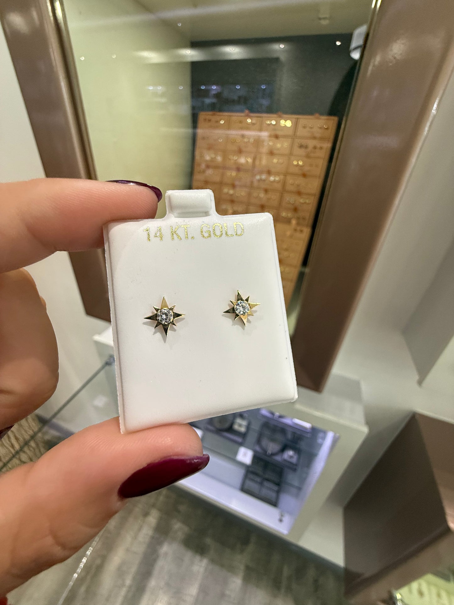 GOLD! EARRING STUD NAUTICAL STAR W/ CZ 14K