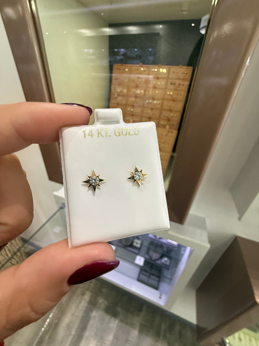 GOLD! EARRING STUD NAUTICAL STAR W/ CZ 14K