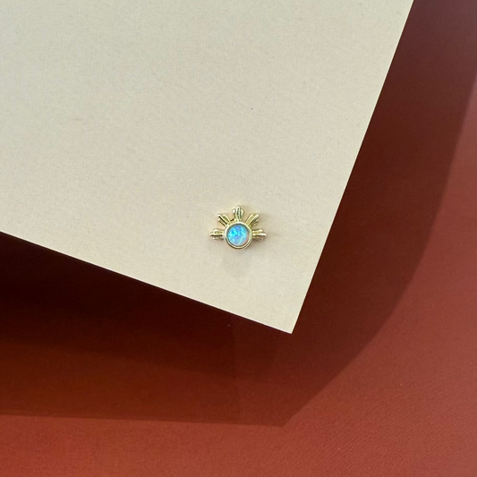 GOLD! EARRING CARTILAGE SINGLE SUN WITH BLUE OPAL 14K
