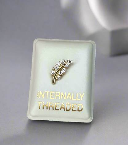 Gold Earring – 14K Feather with Zirconia, Flatback, Internally Threaded (16G)