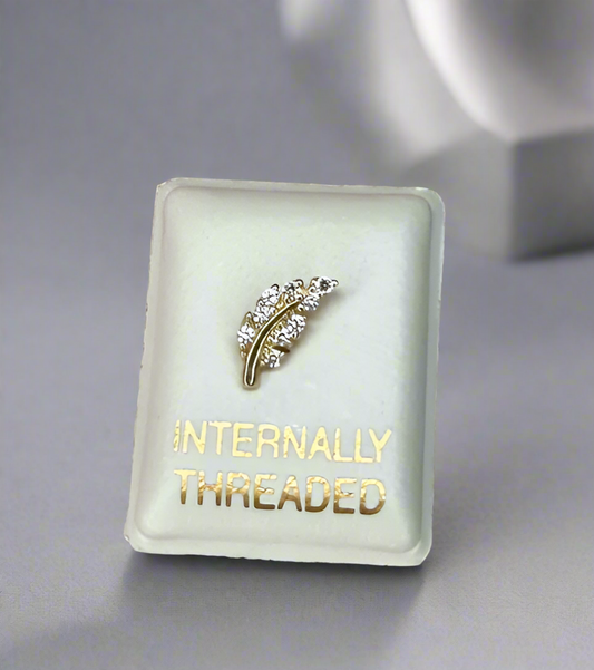 Gold Earring – 14K Feather with Zirconia, Flatback, Internally Threaded (16G)