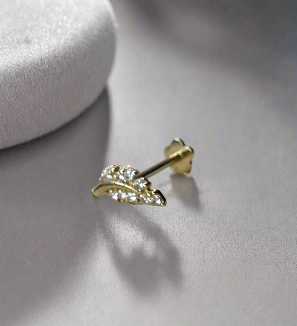 Gold Earring – 14K Feather with Zirconia, Flatback, Internally Threaded (16G)