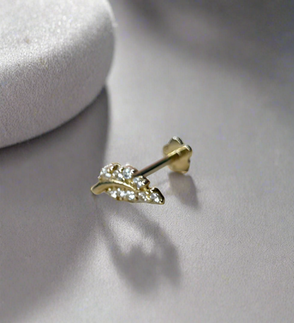 Gold Earring – 14K Feather with Zirconia, Flatback, Internally Threaded (16G)