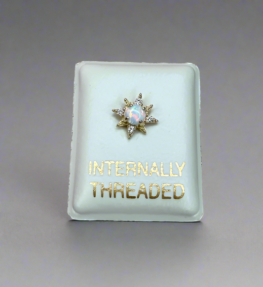 Gold Earring – 14K Star with Opal and Zirconia, Flatback, Internally Threaded (16G)