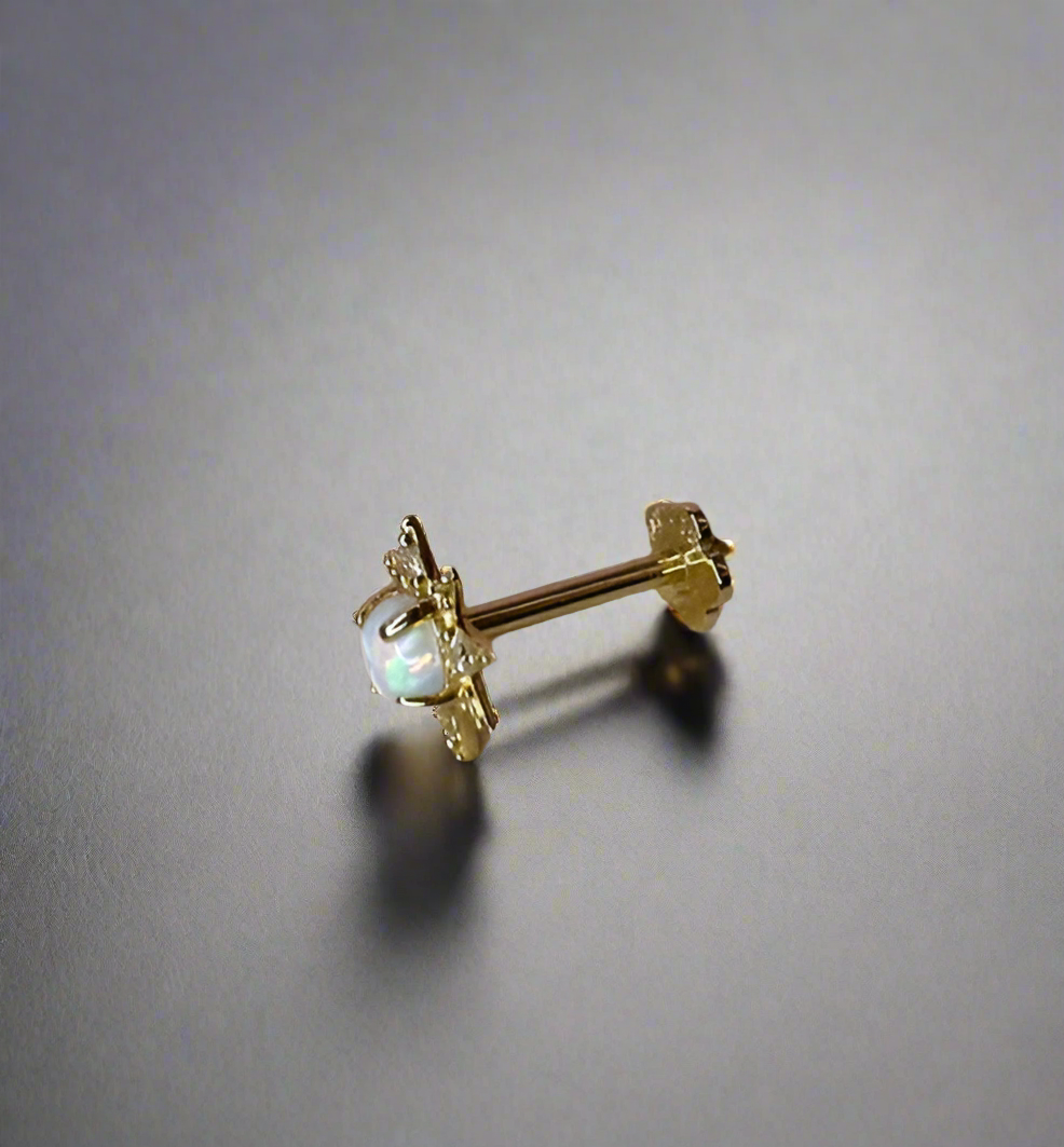Gold Earring – 14K Star with Opal and Zirconia, Flatback, Internally Threaded (16G)