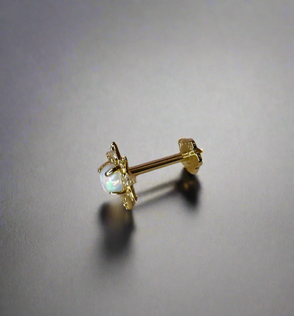 Gold Earring – 14K Star with Opal and Zirconia, Flatback, Internally Threaded (16G)