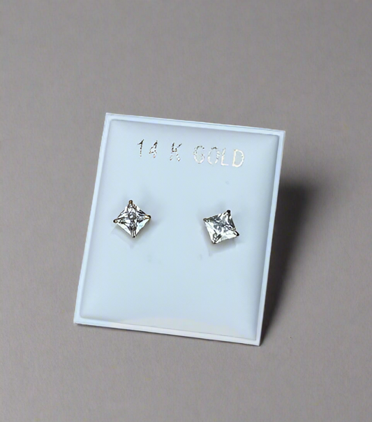 Gold Earring – 14K Square Zirconia, Back Threaded (20G, 4mm)